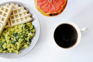 egg and spinach omelet with waffles