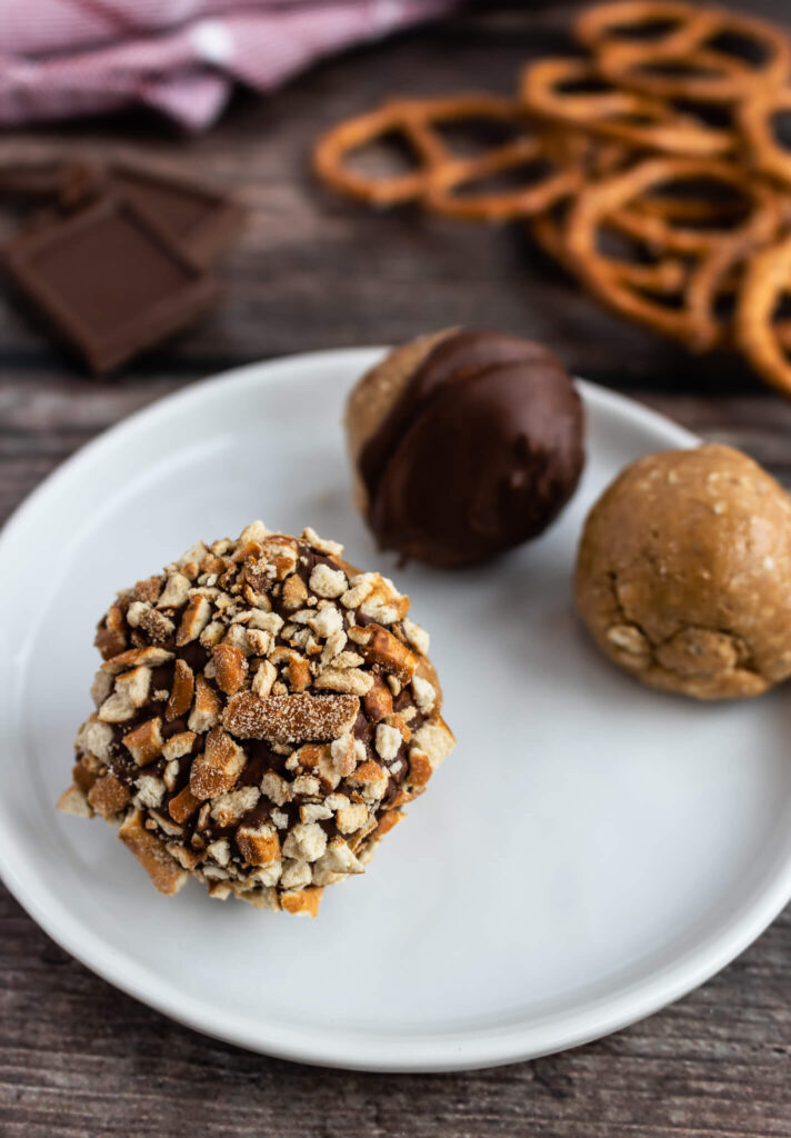 peanut butter protein balls with pretzels