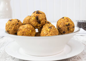 simple pumpkin protein balls in a white dish