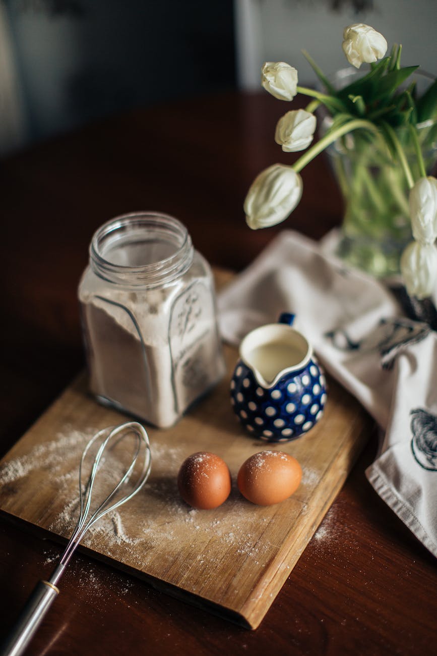 fresh ingredients and tulips in vase on kitchen table chickpea flour substitute