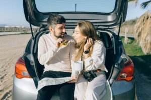 man and woman sharing a snack