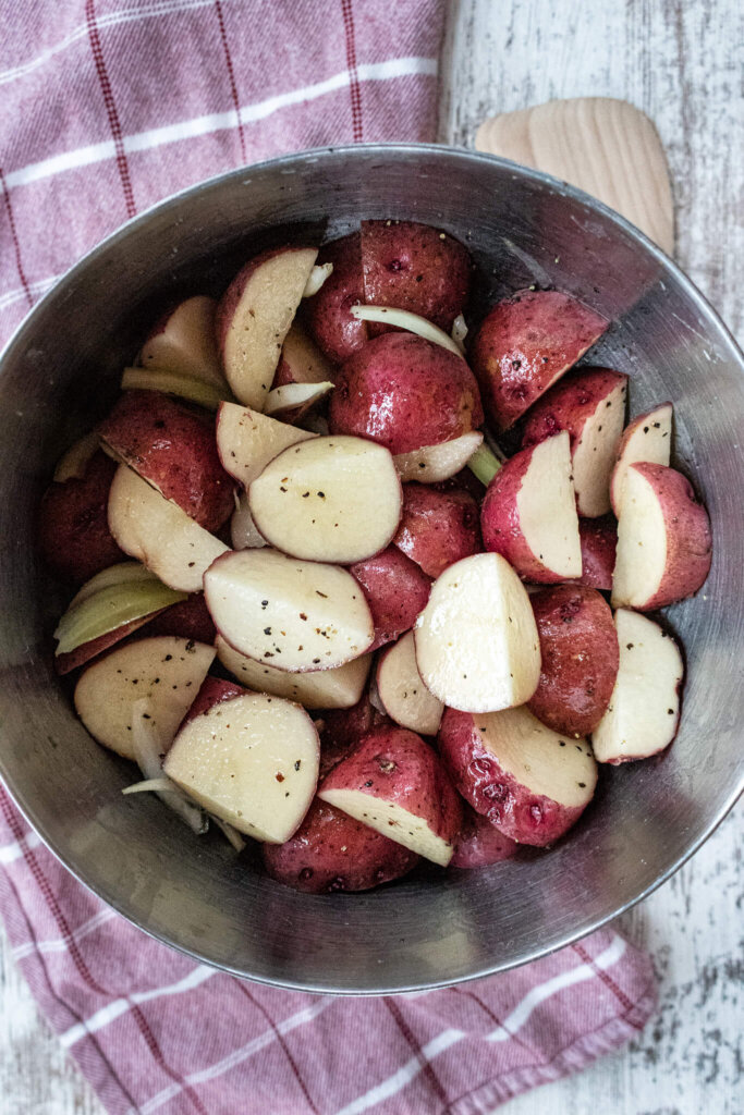 cut up air fryer red potatoes and onions