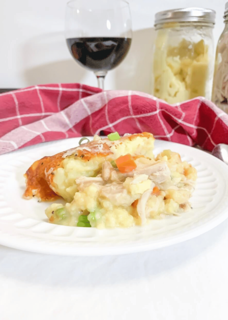 chicken pot pie on a white plate