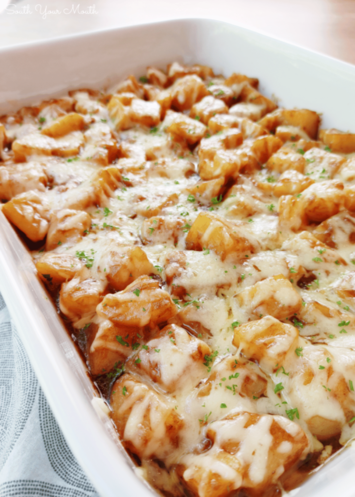 french onion potatoes in casserole dish