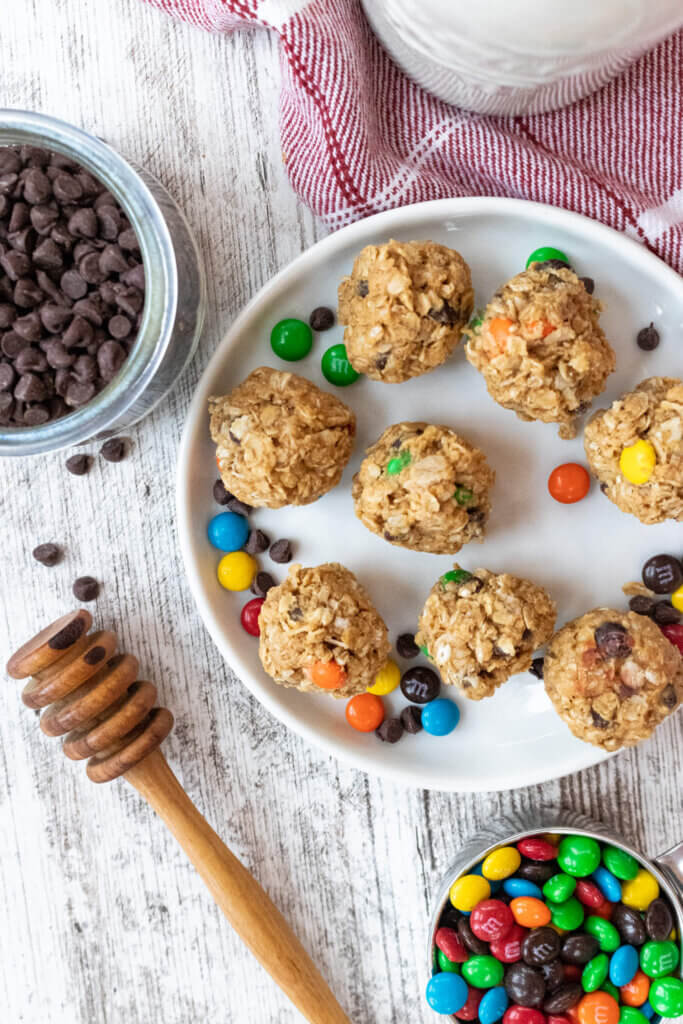 no bake Monster energy balls on a white plate