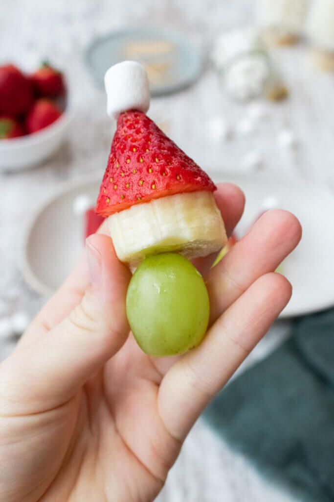 Single Grinch fruit kabobs