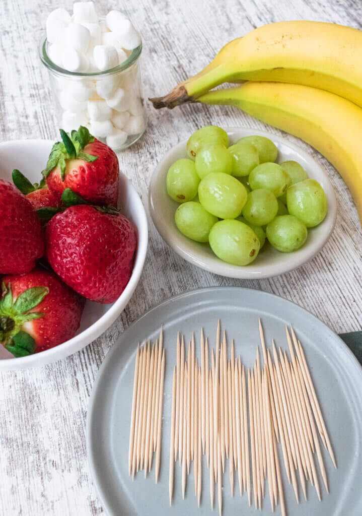 ingredients for Grinch fruit kabobs