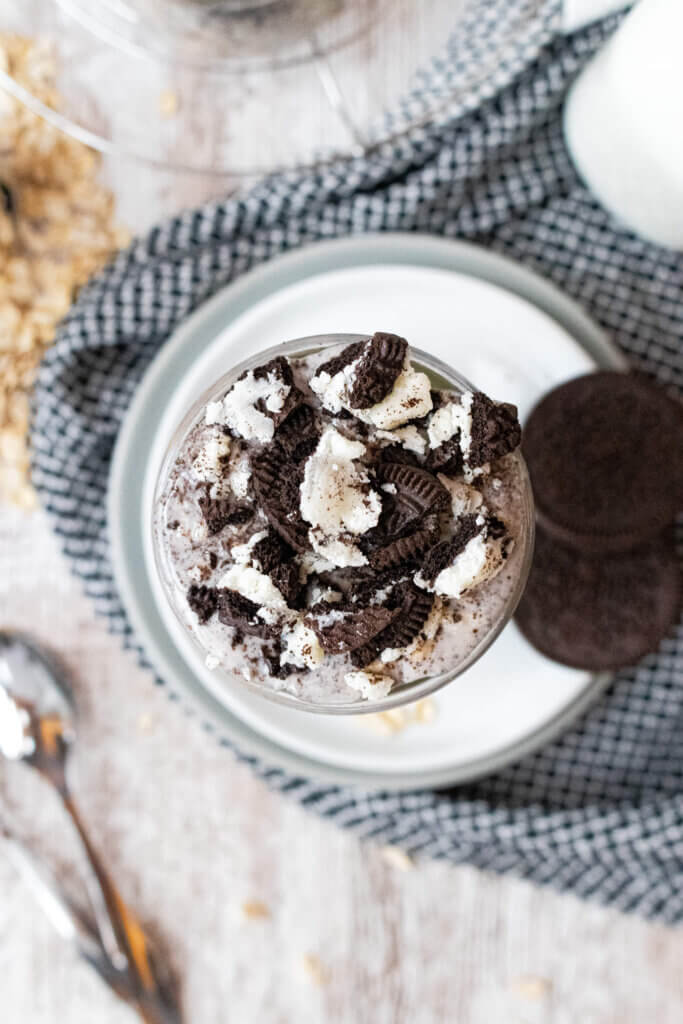 top view of oreo overnight oats with additional cookies