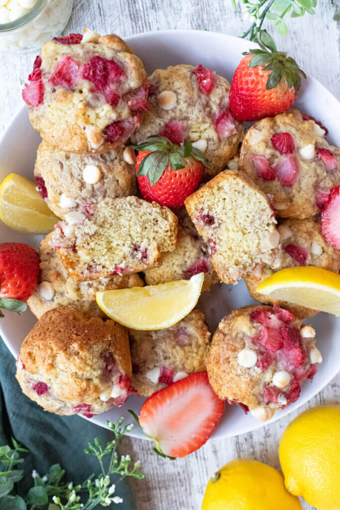 Bowl of white chocolate and strawberry muffins