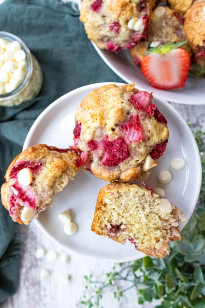 white chocolate and strawberry muffins cut in half