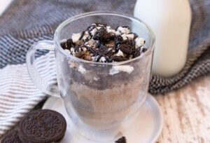 oreo mug cake on white plate