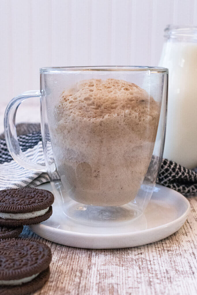 plain oreo mug cake in clear mug