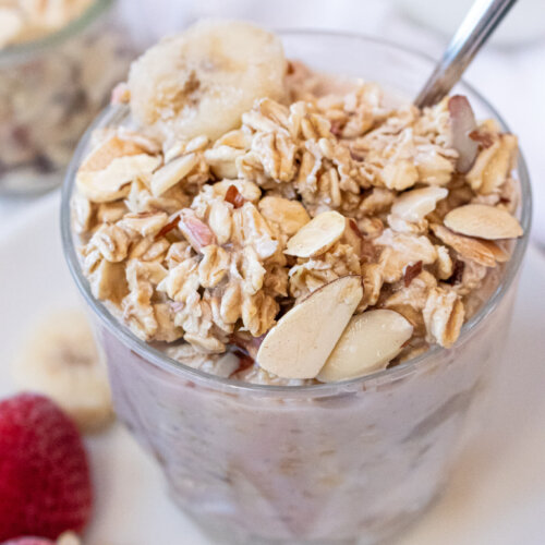 overnight oats with frozen fruit in a cup