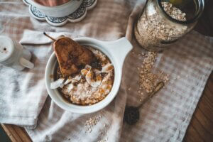 white ceramic bowl with rice and brown bread