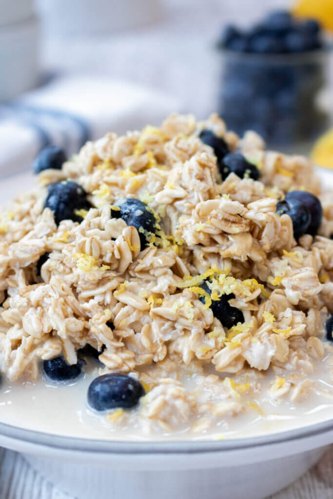 close up of blueberry lemon overnight oats