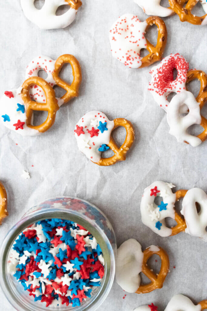 patriotic pretzels on wax paper