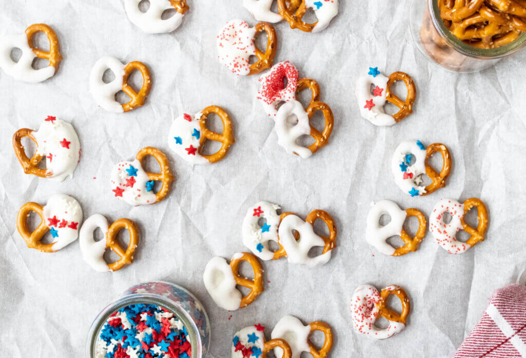 patriotic pretzels on wax paper with sprinkles