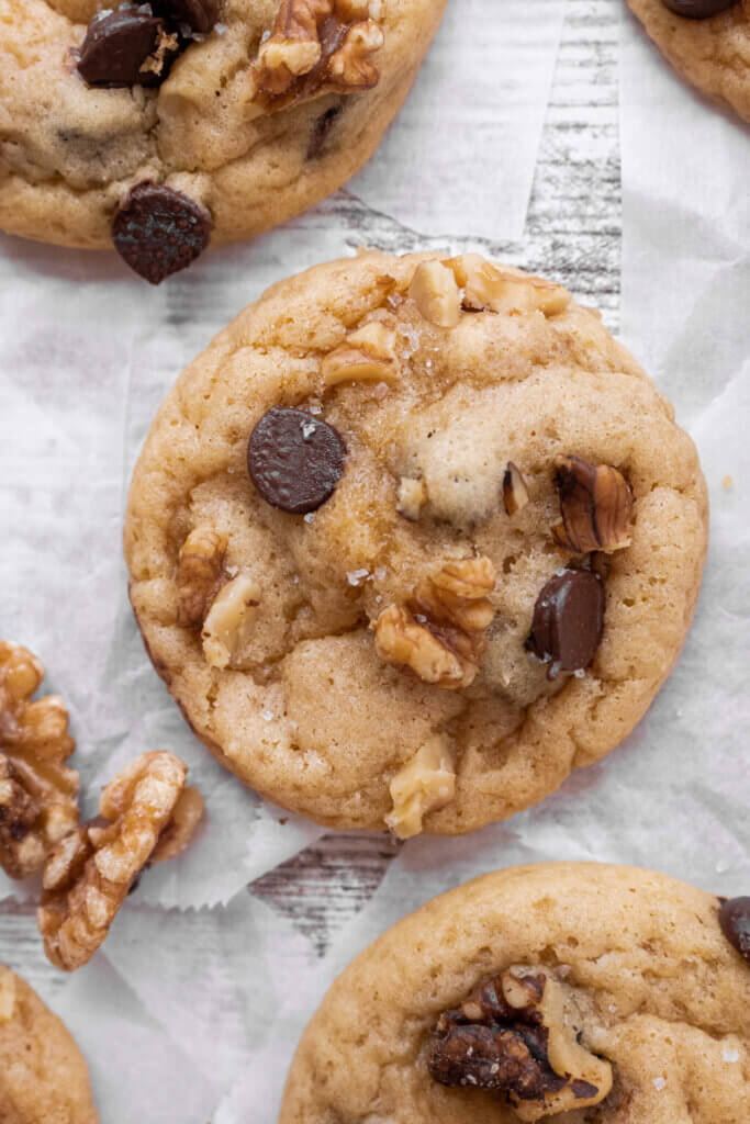 chewy chocolate chip walnut cookies with salt