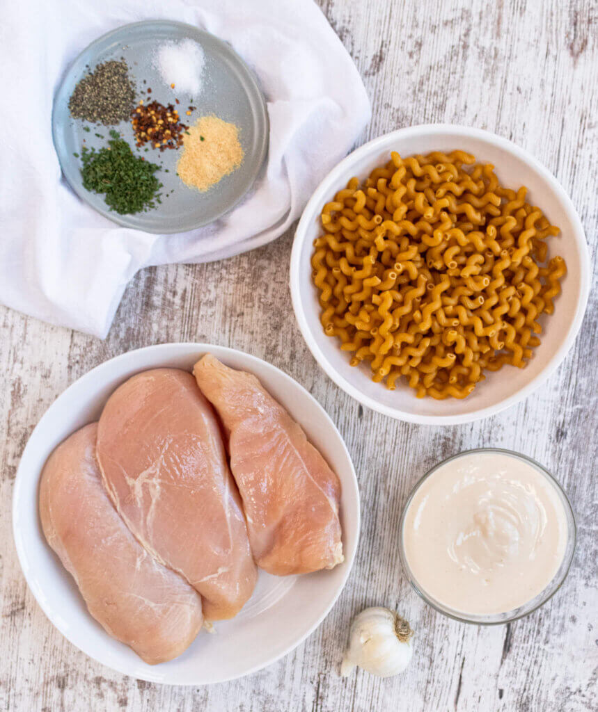 ingredients for Crockpot Garlic Parmesan Chicken Pasta