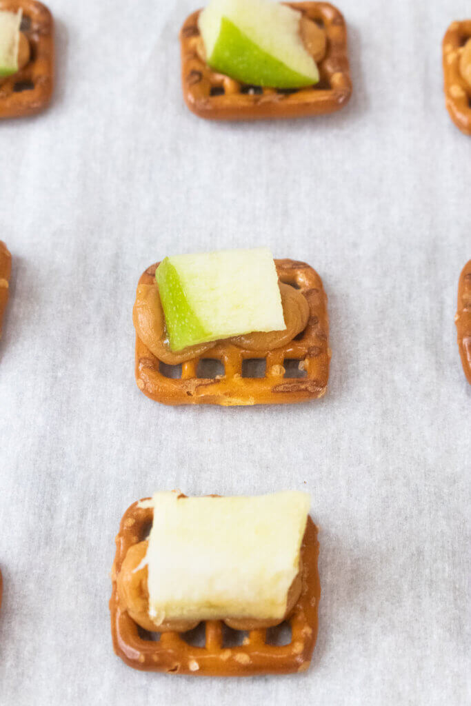 Close up of Caramel Apple Pretzel Bites on sheet pan