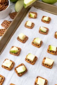 Caramel Apple Pretzel bites on sheet pan