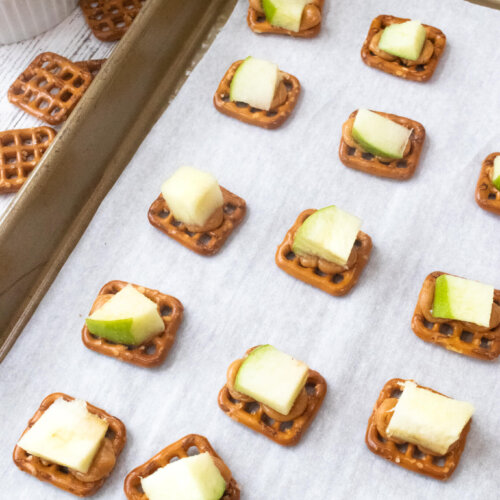 Caramel Apple Pretzel bites on sheet pan