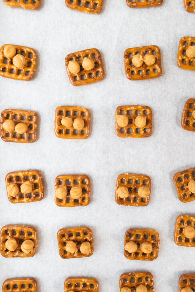 caramel bits on pretzels