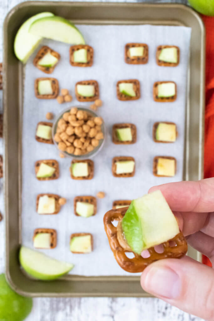 Caramel Apple Pretzel Bites on sheet pan