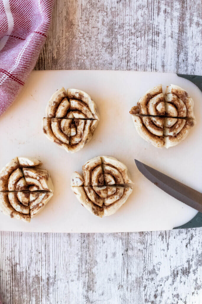 cinnamon rolls cut in quarters