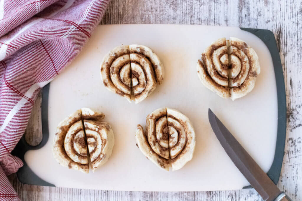 Cinnamon rolls cut in half