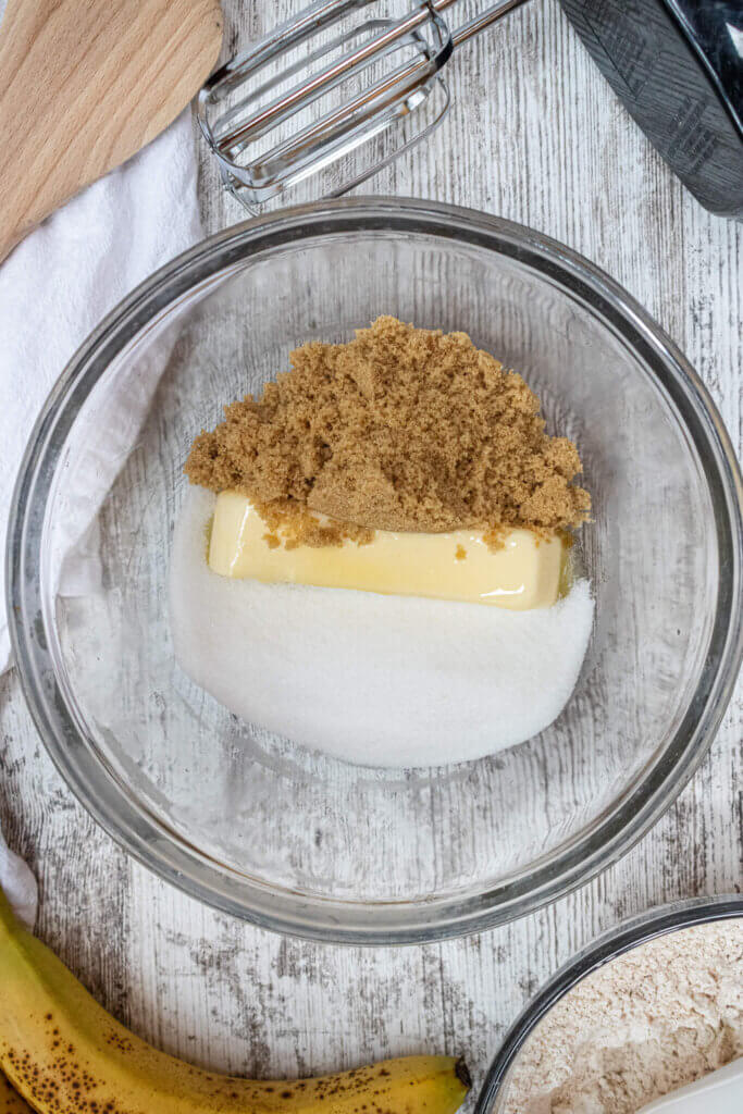 butter, brown sugar, sugar in glass bowl