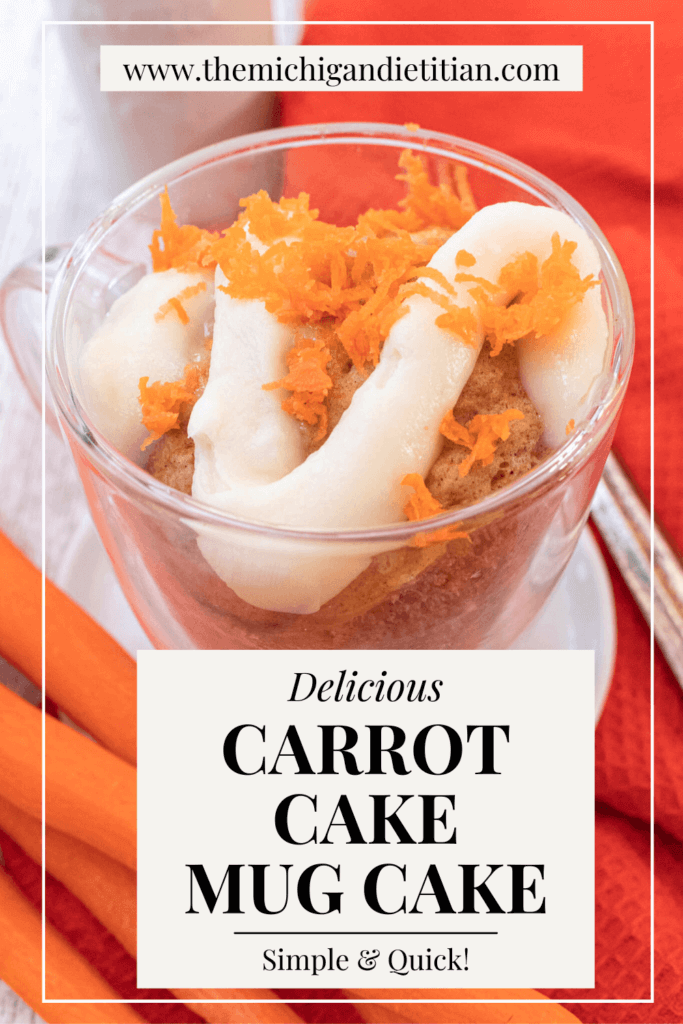 Pinterest image of carrot cake mug cake on white plate