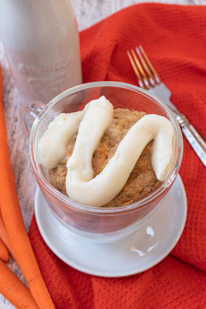 Carrot cake mug cake with cream cheese frosting