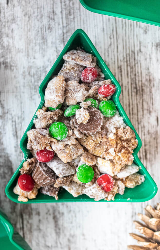 Small christmas tree bowl of puppy chow