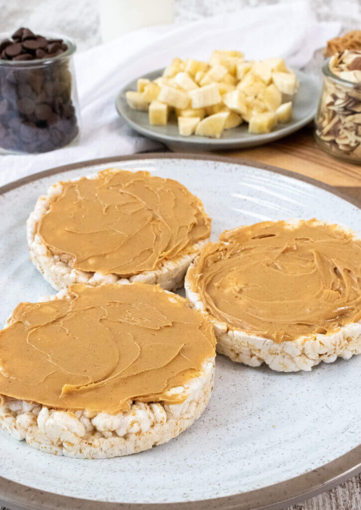 three peanut butter rice cakes