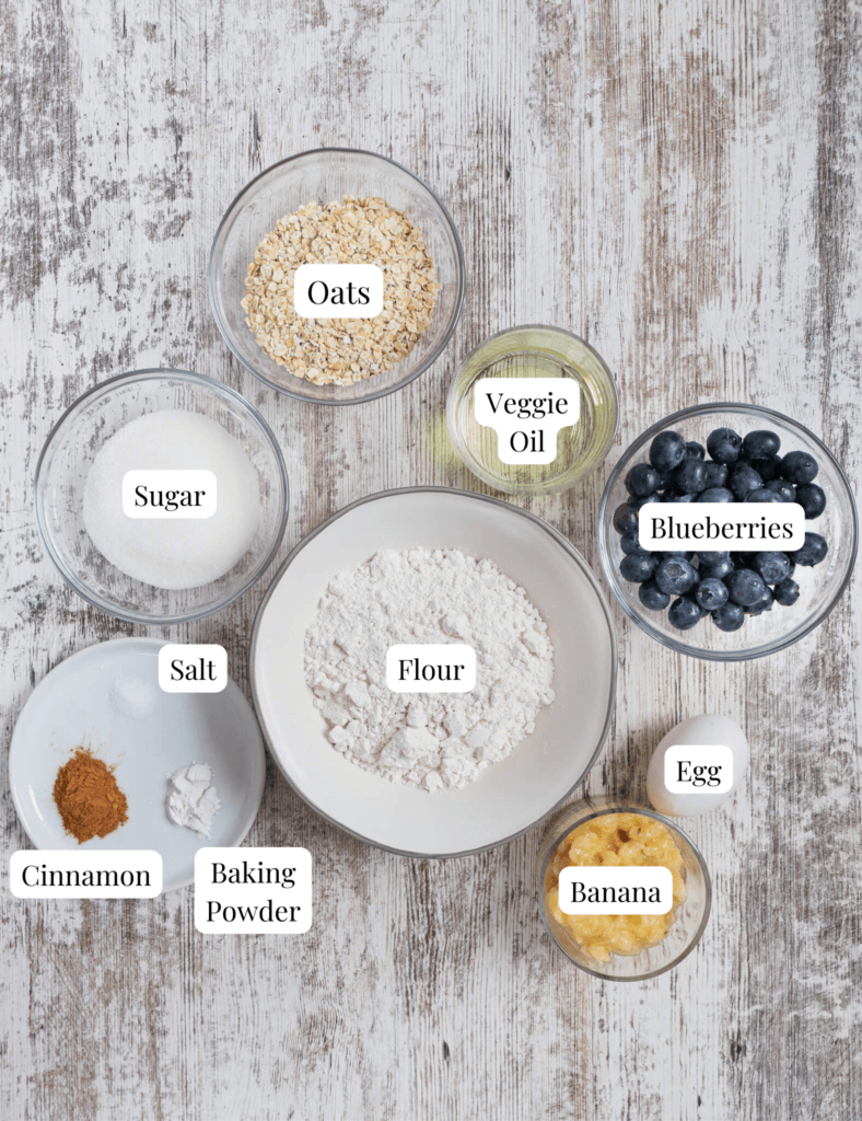 Ingredients to make Oatmeal Blueberry Banana Muffins 