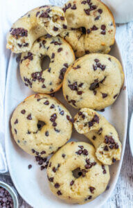 Chocolate chip donuts on a rectangle bowl