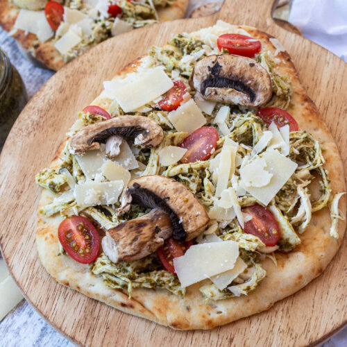 Savory pesto chicken flatbread