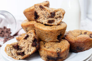 Banana Bread Muffins with Almond Flour stacked on white bowl