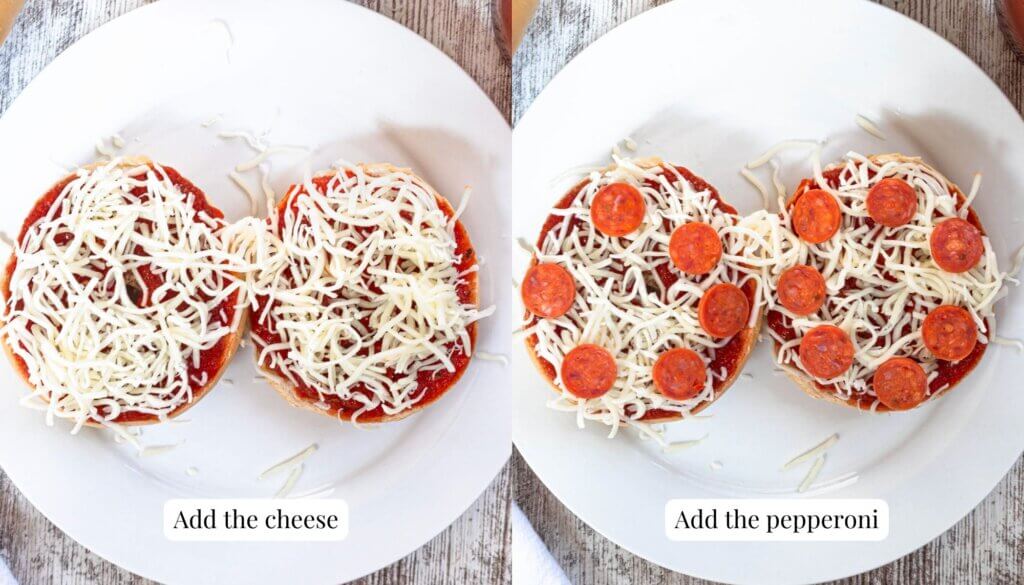Adding cheese and pepperoni to pizza bagel