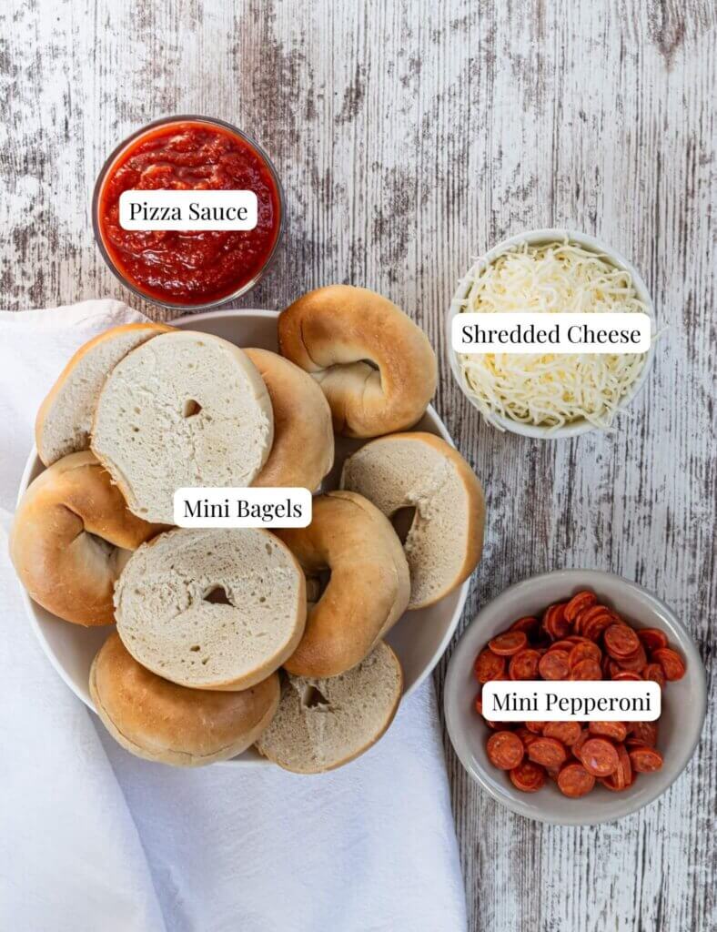 Ingredients to make Mini pepperoni air fryer pizza bagels