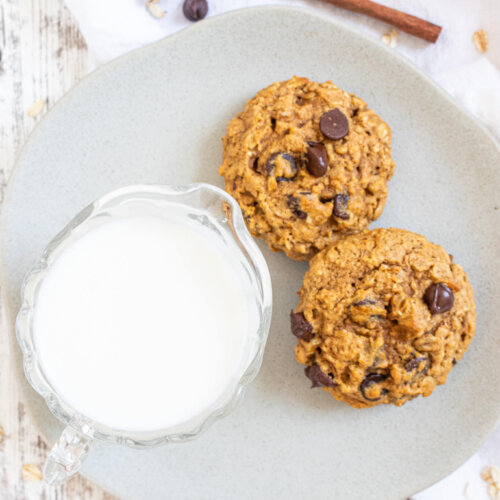 Pumpkin Oatmeal Cookies on plate with milk
