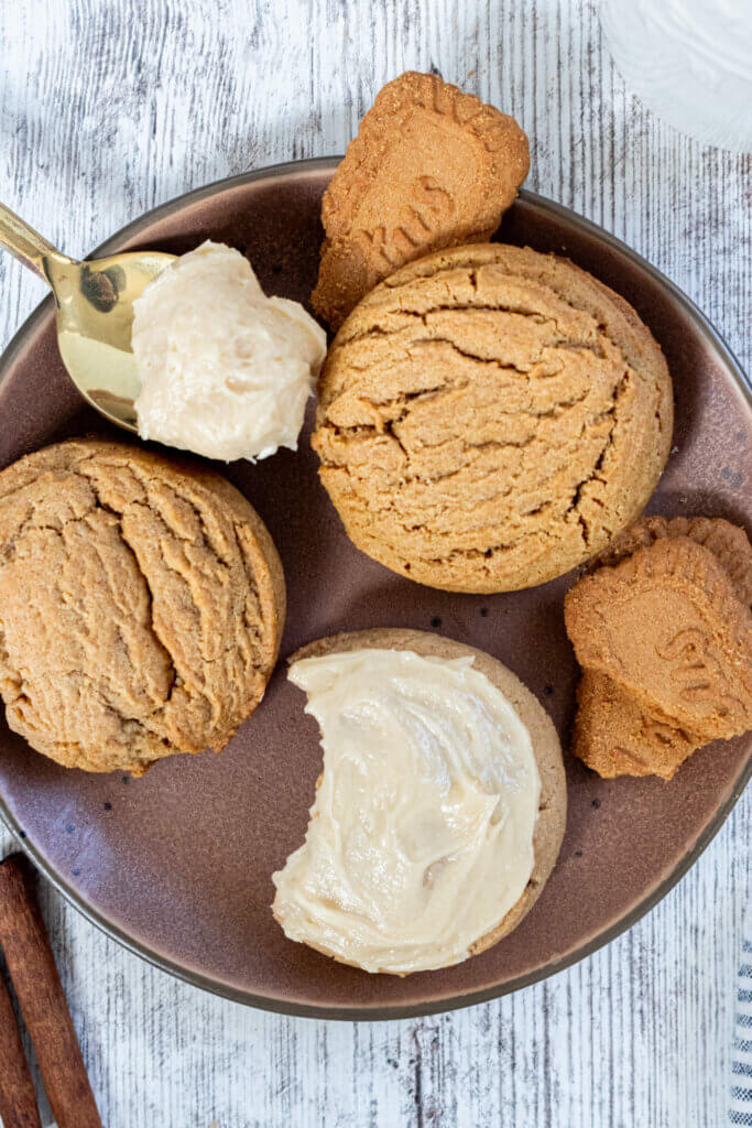 Biscoff Butter Cookies with Biscoff Icing on a spoon