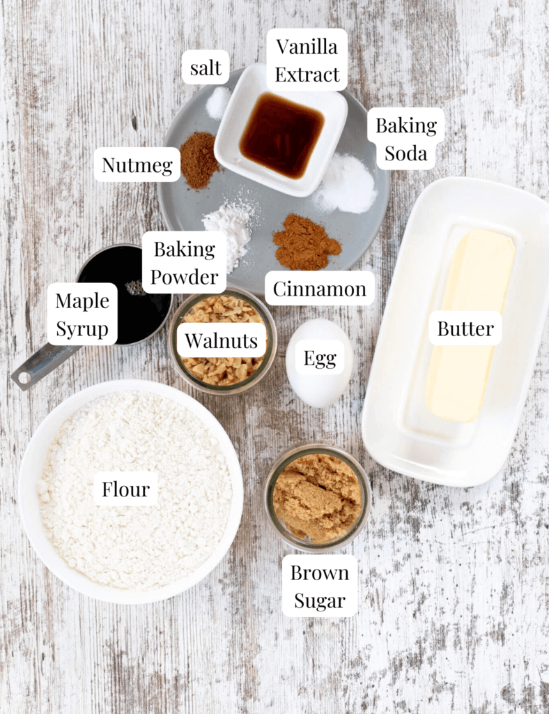 ingredients to make maple walnut cookies