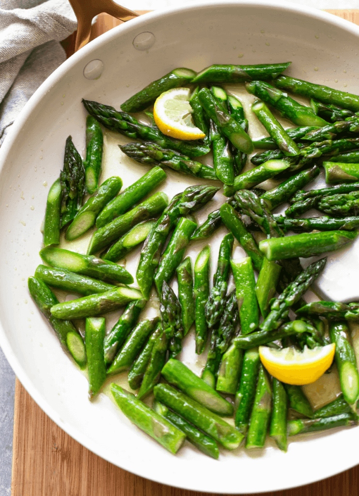 cut asparagus in a pan