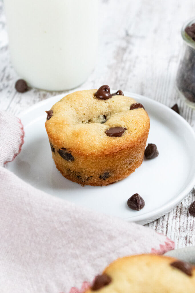 almond flour chocolate chip muffin on white plate