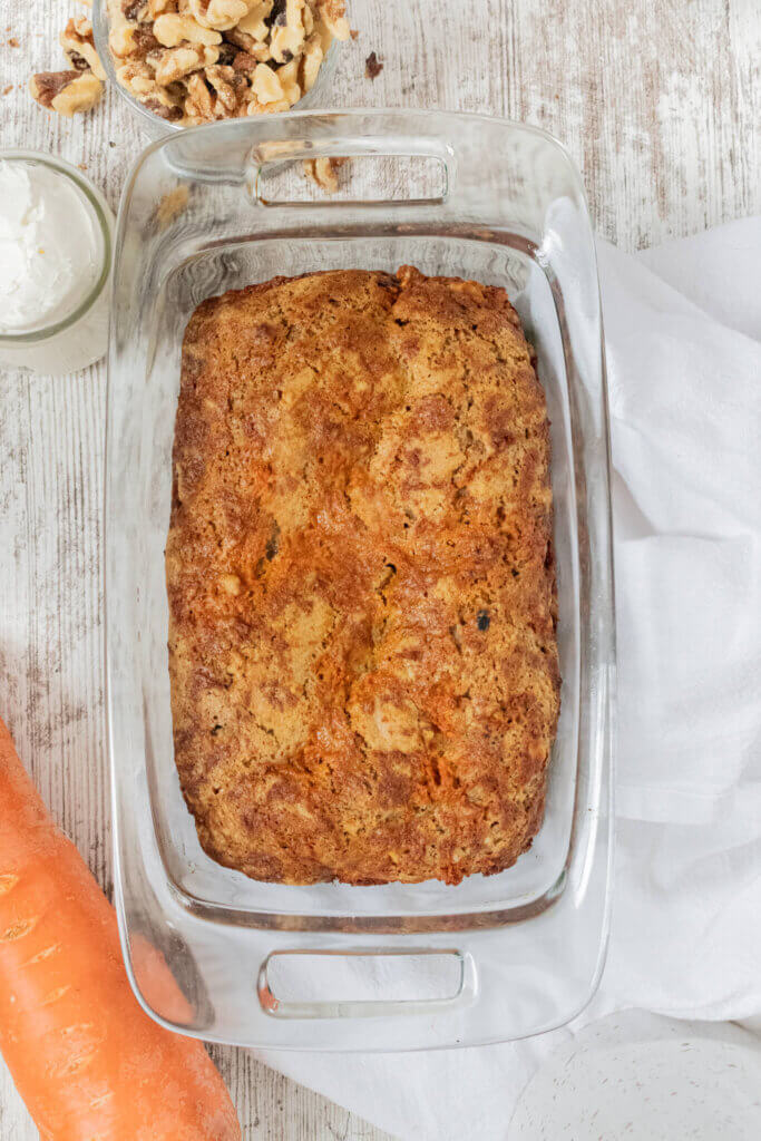 Carrot cake loaf in glass bread pan