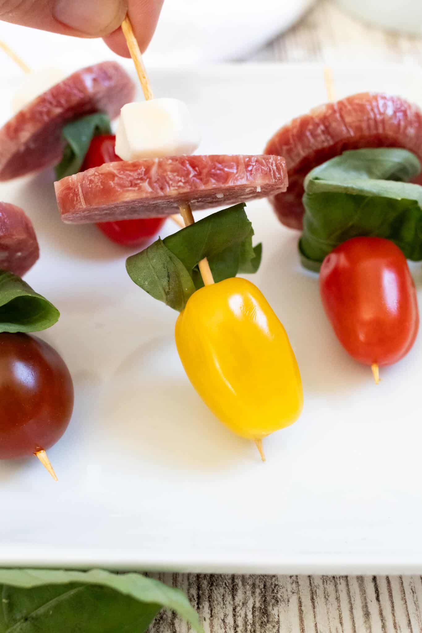 Caprese skewer with yellow tomato