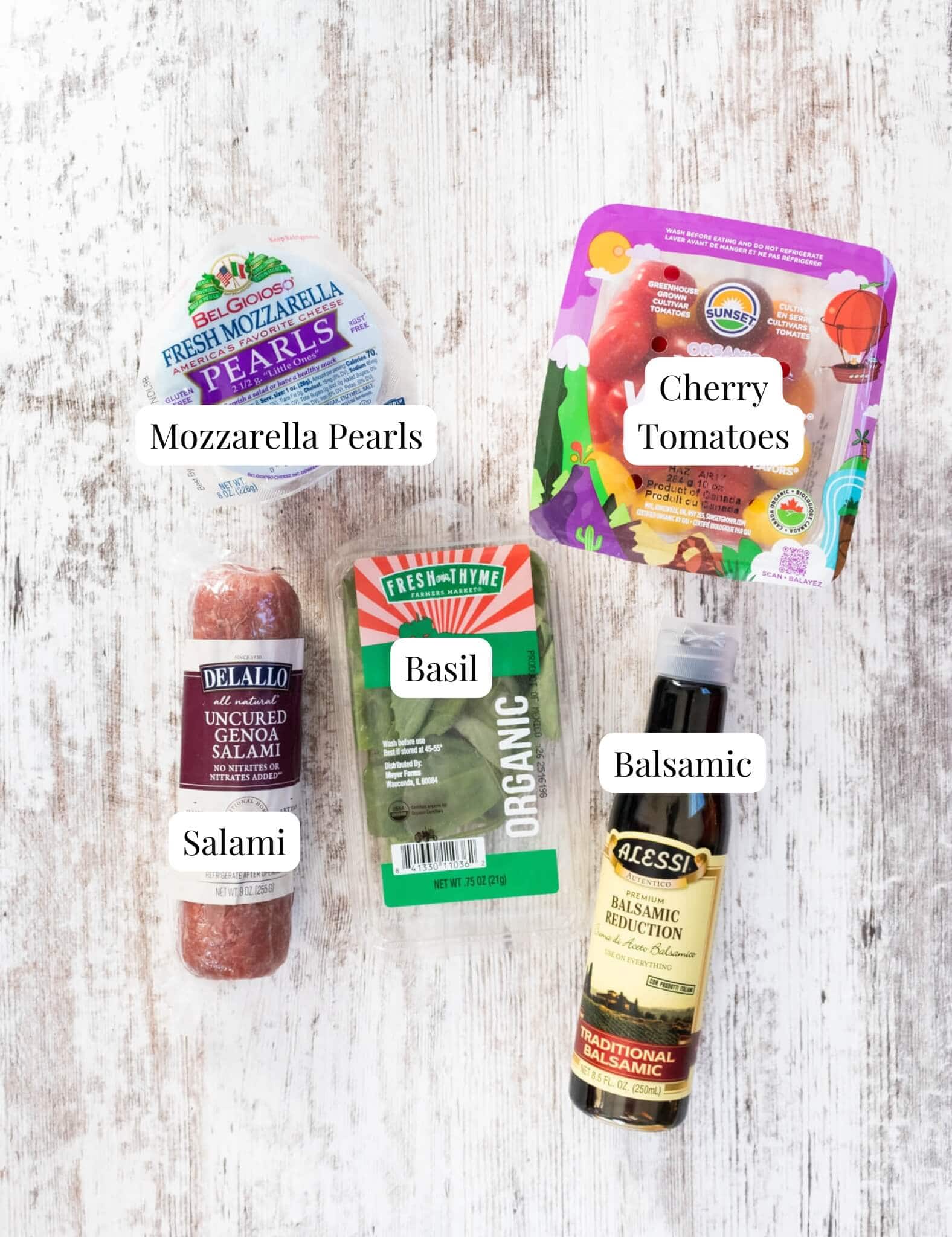 Mini caprese skewers with salami ingredients