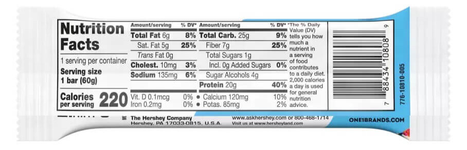 Nutrition facts of One Bar